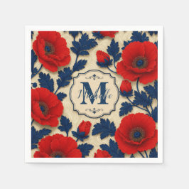 Personalized Poppy Flower Red Floral Monogram スタンダードカクテルナプキン