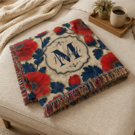 Personalized Poppy Flower Red Floral Monogram スローブランケット