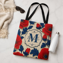 Personalized Poppy Flower Red Floral Monogram トートバッグ