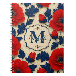 Personalized Poppy Flower Red Floral Monogram ノートブック