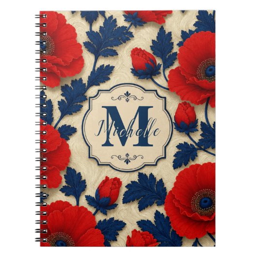 Personalized Poppy Flower Red Floral Monogram ノートブック (正面)