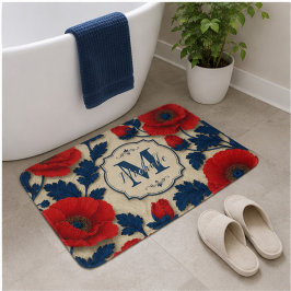 Personalized Poppy Flower Red Floral Monogram バスマット