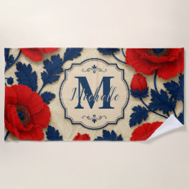 Personalized Poppy Flower Red Floral Monogram ビーチタオル