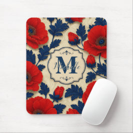 Personalized Poppy Flower Red Floral Monogram マウスパッド