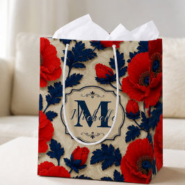 Personalized Poppy Flower Red Floral Monogram ミディアムペーパーバッグ
