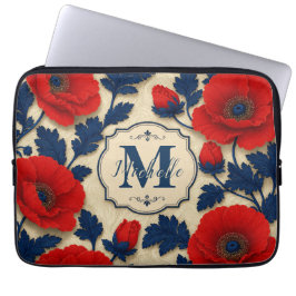 Personalized Poppy Flower Red Floral Monogram ラップトップスリーブ