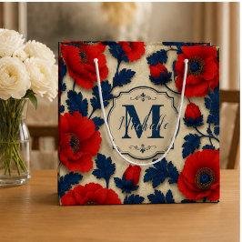 Personalized Poppy Flower Red Floral Monogram ラージペーパーバッグ