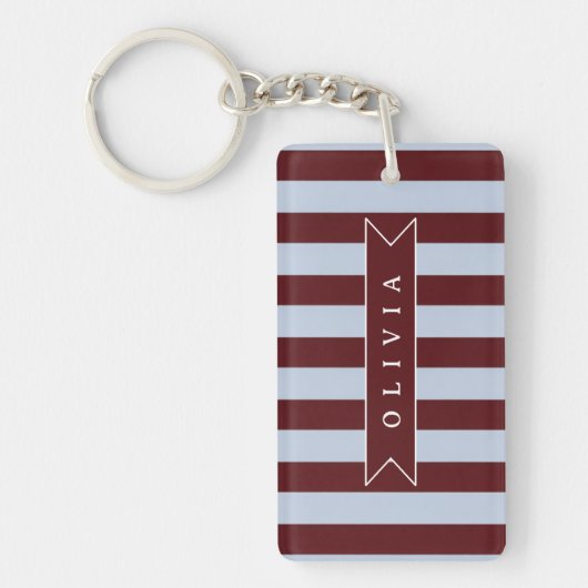 Personalized Preppy Brown Blue Cabana Stripe キーホルダー (正面)