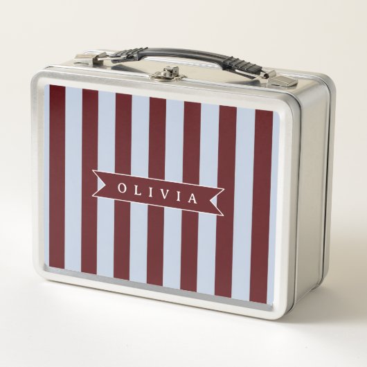 Personalized Preppy Brown Blue Cabana Stripe メタルランチボックス (正面)