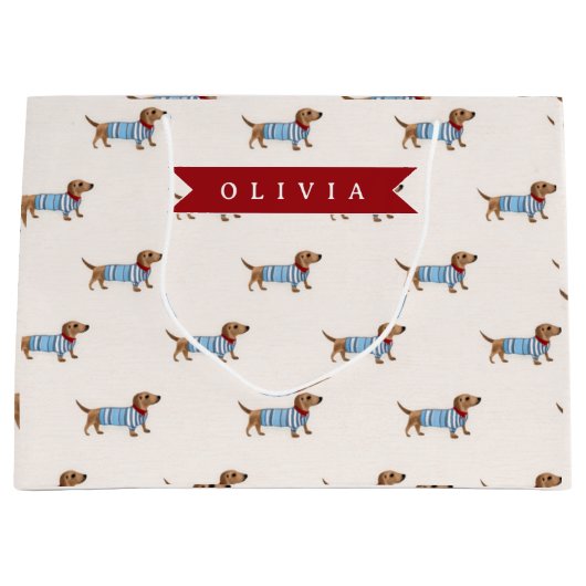Personalized Preppy Cute Dachshund Dog Pattern ラージペーパーバッグ (正面)