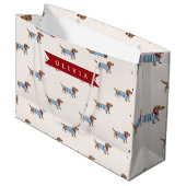 Personalized Preppy Cute Dachshund Dog Pattern ラージペーパーバッグ (正面アングル)