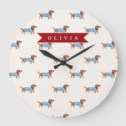 Personalized Preppy Cute Dachshund Dog Pattern ラージ壁時計 (正面)