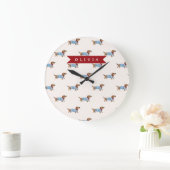 Personalized Preppy Cute Dachshund Dog Pattern ラージ壁時計 (ホーム)