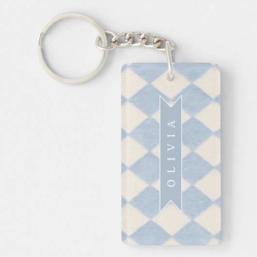 Personalized Preppy Soft Blue Fuzzy Argyle Name キーホルダー (正面)