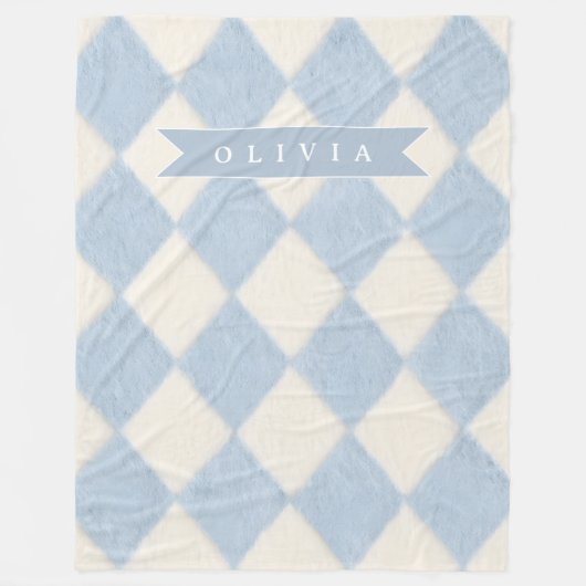 Personalized Preppy Soft Blue Fuzzy Argyle Name フリースブランケット (正面)