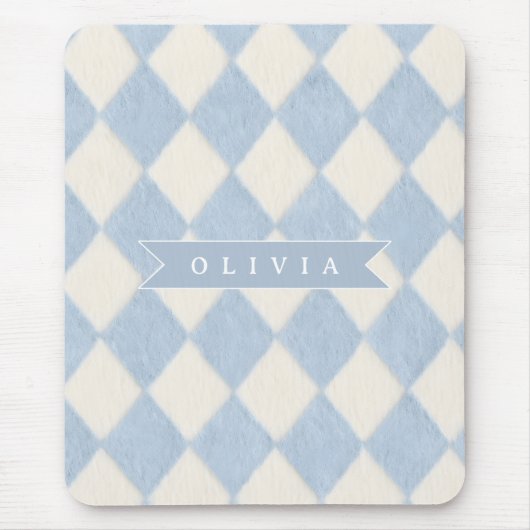 Personalized Preppy Soft Blue Fuzzy Argyle Name マウスパッド (正面)