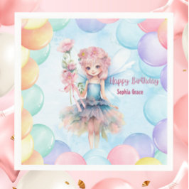 Personalized Pretty Blue Fairy Birthday Napkins  スタンダードカクテルナプキン