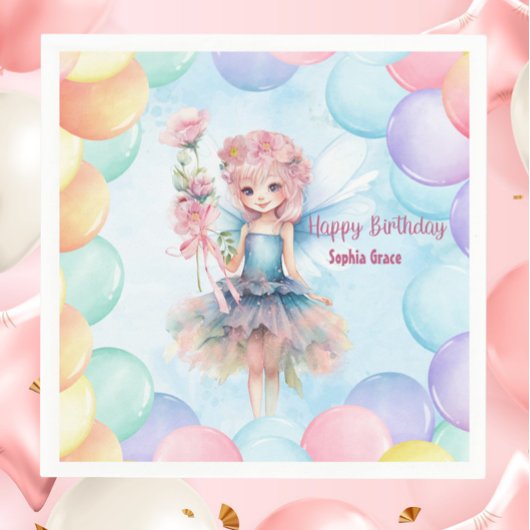 Personalized Pretty Blue Fairy Birthday Napkins  スタンダードカクテルナプキン