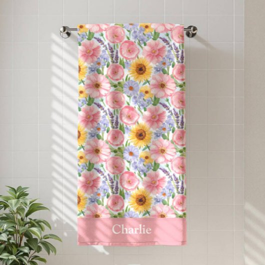 Personalized Pretty Pink Flower バスタオル