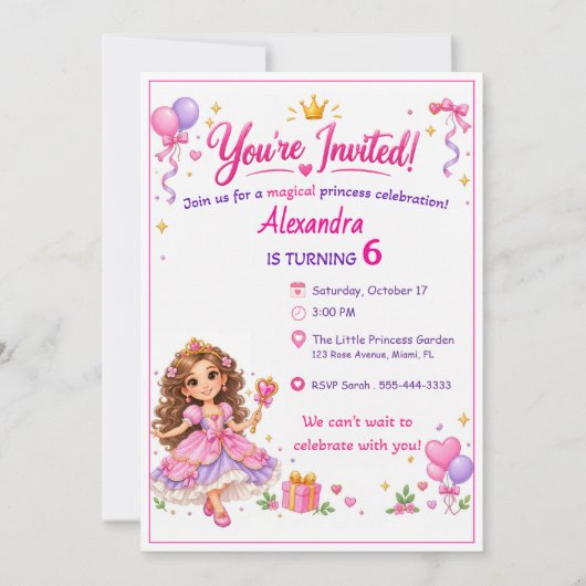 Personalized Princess Birthday Invitation for Girl 招待状 (正面)