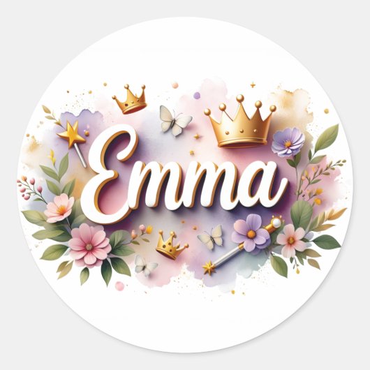 Personalized Princess Floral Emma Stickers ラウンドシール (正面)