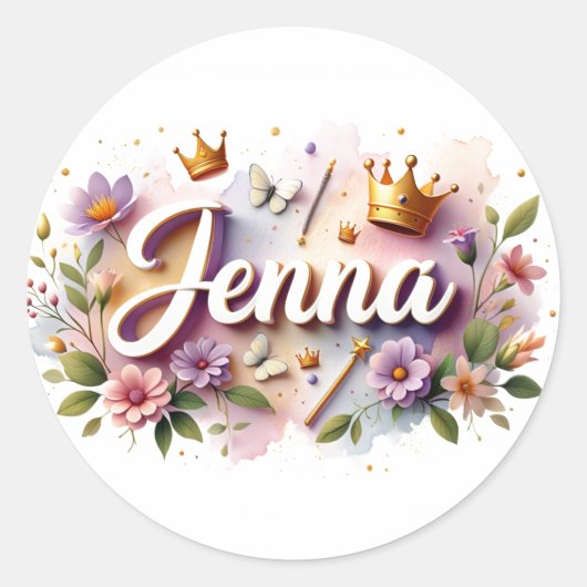 Personalized  Princess Floral Name Stickers  ラウンドシール (正面)