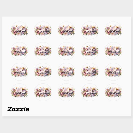 Personalized  Princess Floral Name Stickers  ラウンドシール (シート)
