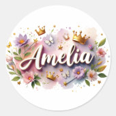 Personalized  Princess Floral Name Stickers  ラウンドシール (正面)