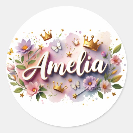 Personalized  Princess Floral Name Stickers  ラウンドシール (正面)
