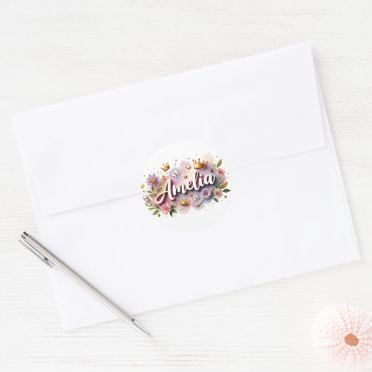 Personalized  Princess Floral Name Stickers  ラウンドシール (封筒)