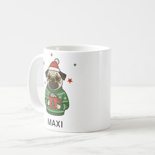 Personalized Pug Dog Christmas コーヒーマグカップ (正面左)