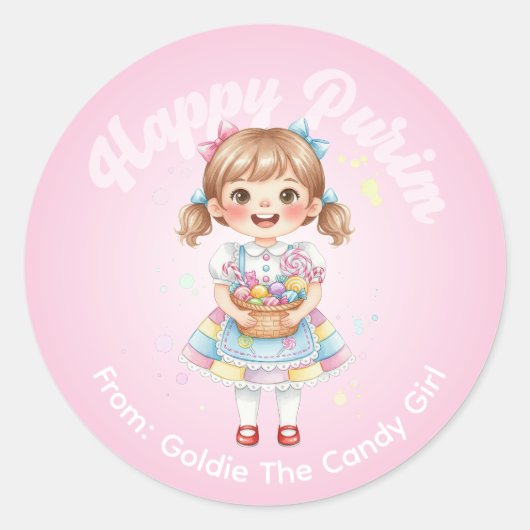 Personalized Purim Sticker – Candy Girl Theme ラウンドシール (正面)