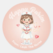 Personalized Purim Sticker – Nurse Theme ラウンドシール (正面)