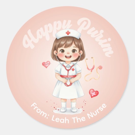 Personalized Purim Sticker – Nurse Theme ラウンドシール (正面)