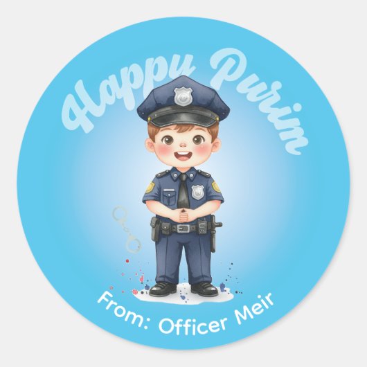 Personalized Purim Sticker - Police Theme ラウンドシール (正面)