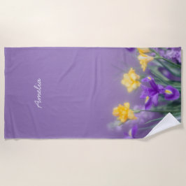 Personalized Purple and Yellow Iris Flowers  ビーチタオル