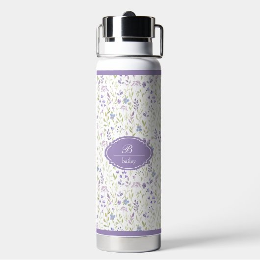 Personalized Purple Floral Monogram ウォーターボトル (背面)