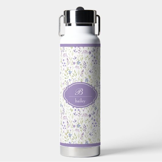 Personalized Purple Floral Monogram ウォーターボトル (正面)