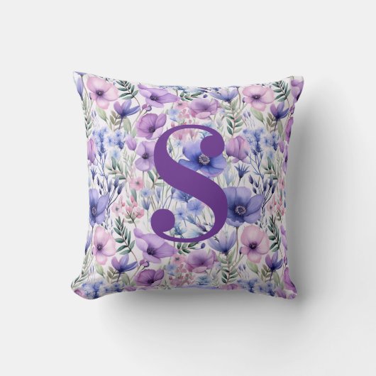 Personalized Purple Floral Monogram クッション (正面)
