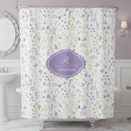 Personalized Purple Floral Monogram シャワーカーテン