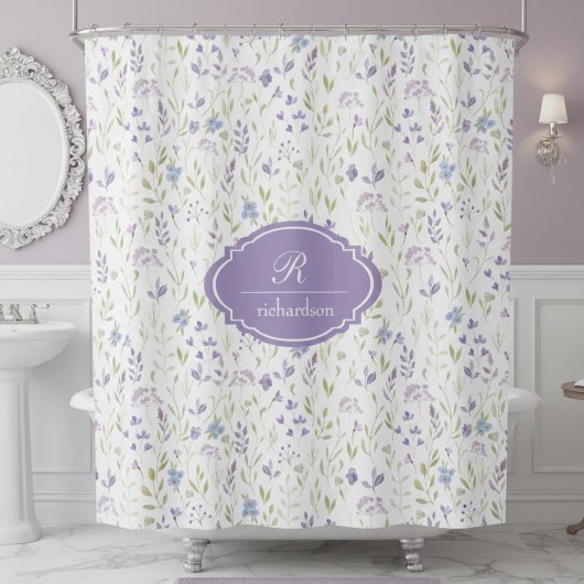 Personalized Purple Floral Monogram シャワーカーテン
