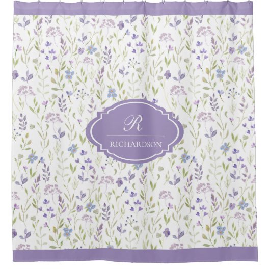 Personalized Purple Floral Monogram シャワーカーテン (正面)