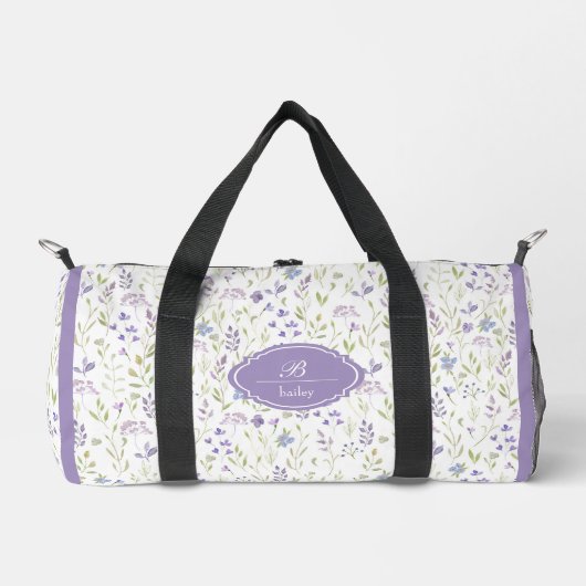 Personalized Purple Floral Monogram ダッフルバッグ (正面)