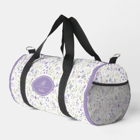 Personalized Purple Floral Monogram ダッフルバッグ (右コーナー)