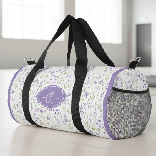 Personalized Purple Floral Monogram ダッフルバッグ