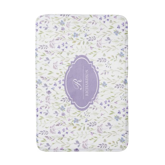 Personalized Purple Floral Monogram バスマット (正面縦)