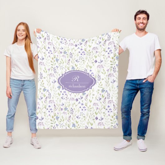 Personalized Purple Floral Monogram フリースブランケット (インサイチュ)