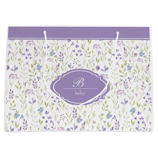 Personalized Purple Floral Monogram ラージペーパーバッグ (正面)
