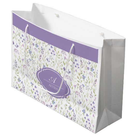 Personalized Purple Floral Monogram ラージペーパーバッグ (正面アングル)