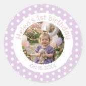 Personalized Purple Polka Dot Photo 1st Birthday  ラウンドシール (正面)
